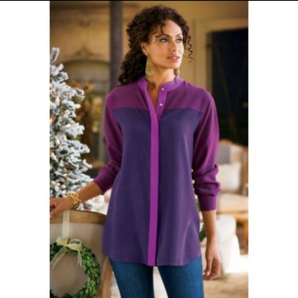 Soft Surroundings Purple 100% Silk Button Down Shirt Size Medium